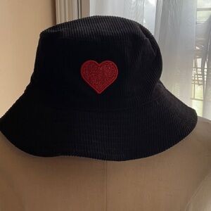 Black Corduroy Bucket Hat with Red Heart Patch